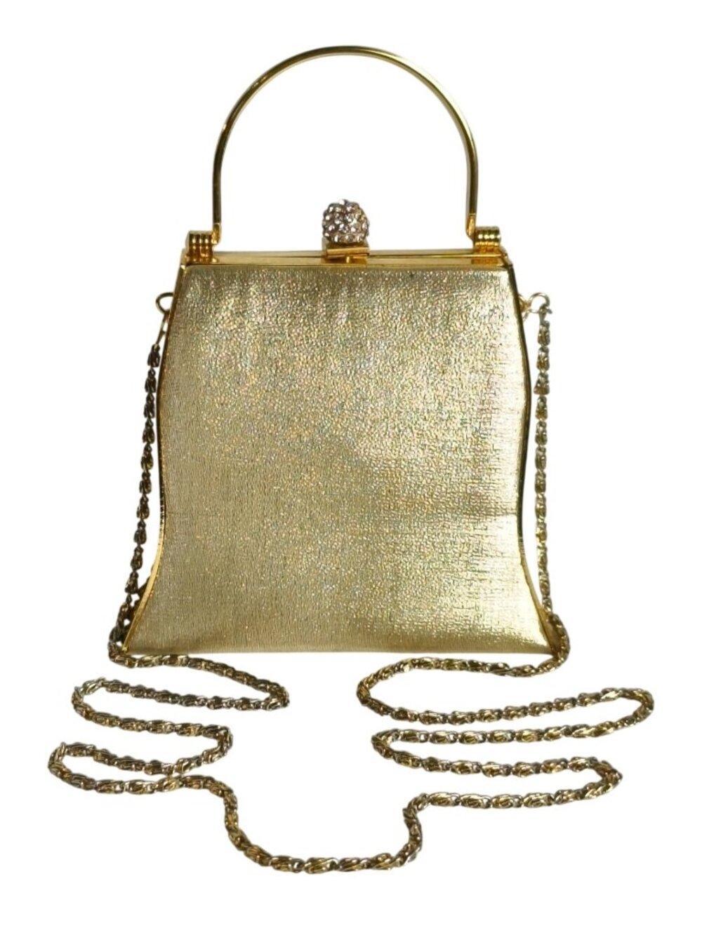 Vtg Gold Lamé Evening Bag Purse With Rhinestone Clasp Chain Strap 1980's Elegant